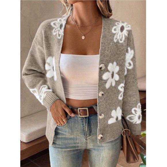 Khaki Cardigan Knit Flower Textured Button Front Fuzzy - Picture 2 of 8